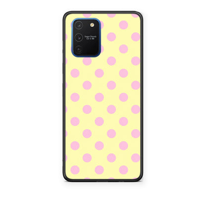 Θήκη Samsung Galaxy S10 Lite Pink Polka Dots on Yellow από τη Smartfits με σχέδιο στο πίσω μέρος και μαύρο περίβλημα | Samsung Galaxy S10 Lite Pink Polka Dots on Yellow case with colorful back and black bezels