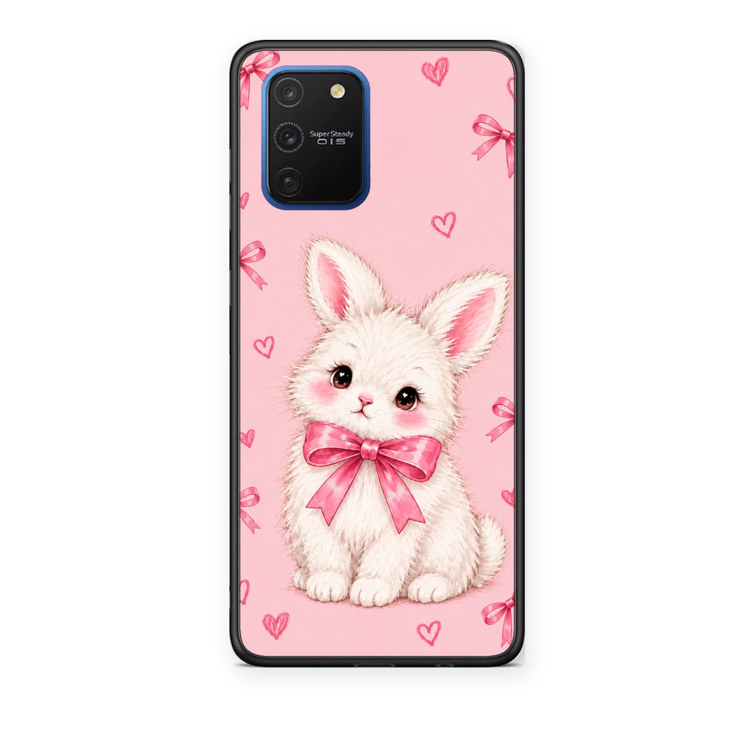 Θήκη Samsung Galaxy S10 Lite White Bunny and Pink Bows από τη Smartfits με σχέδιο στο πίσω μέρος και μαύρο περίβλημα | Samsung Galaxy S10 Lite White Bunny and Pink Bows case with colorful back and black bezels