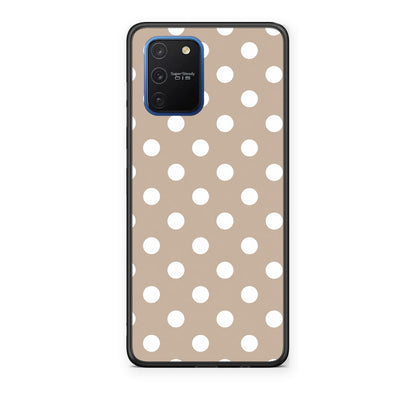 Θήκη Samsung Galaxy S10 Lite White Polka Dots on Taupe από τη Smartfits με σχέδιο στο πίσω μέρος και μαύρο περίβλημα | Samsung Galaxy S10 Lite White Polka Dots on Taupe case with colorful back and black bezels