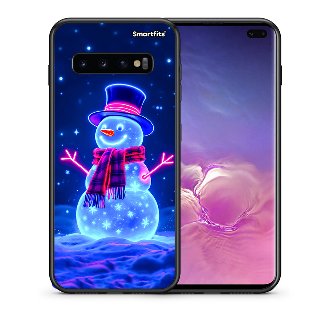 Θήκη Samsung S10+ Christmas Neon Snowman από τη Smartfits με σχέδιο στο πίσω μέρος και μαύρο περίβλημα | Samsung S10+ Christmas Neon Snowman case with colorful back and black bezels