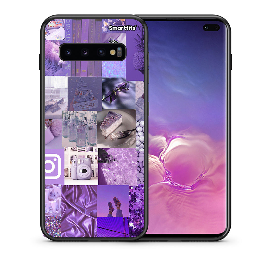 Θήκη Samsung S10+ Purple Aesthetic Collage από τη Smartfits με σχέδιο στο πίσω μέρος και μαύρο περίβλημα | Samsung S10+ Purple Aesthetic Collage case with colorful back and black bezels