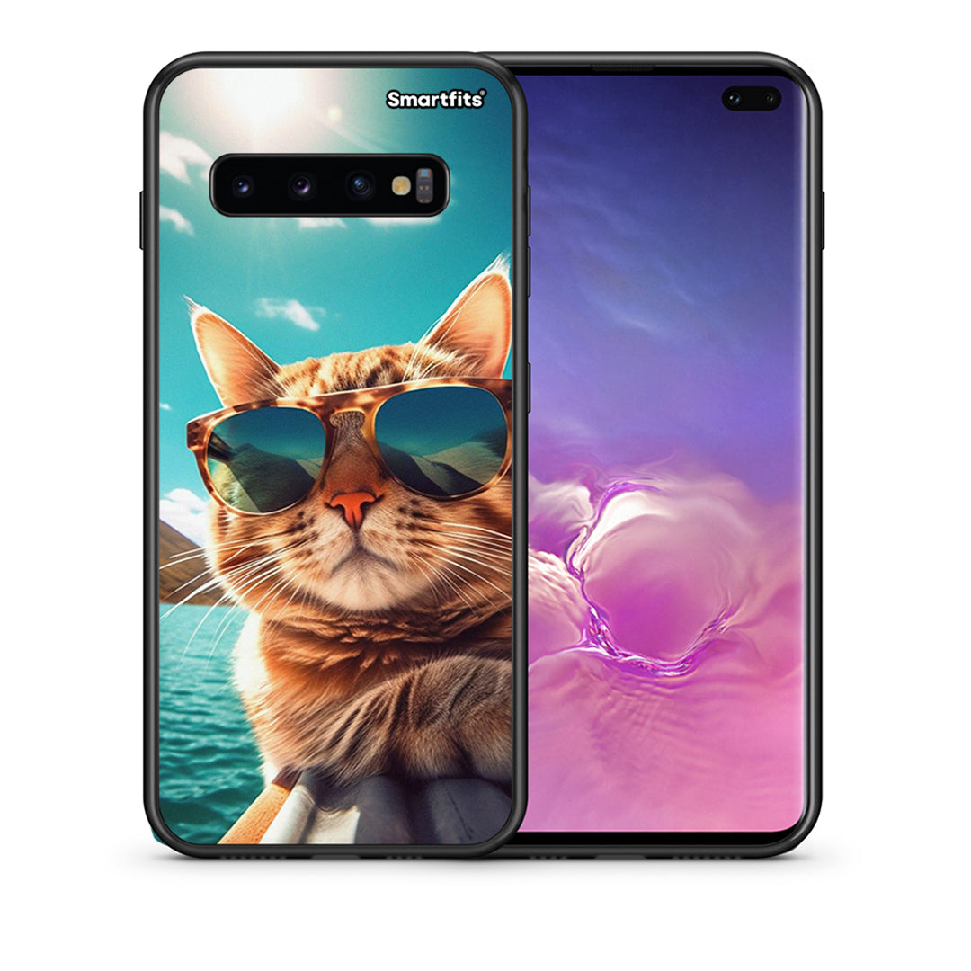 Θήκη Samsung S10+ Summer Cat από τη Smartfits με σχέδιο στο πίσω μέρος και μαύρο περίβλημα | Samsung S10+ Summer Cat case with colorful back and black bezels