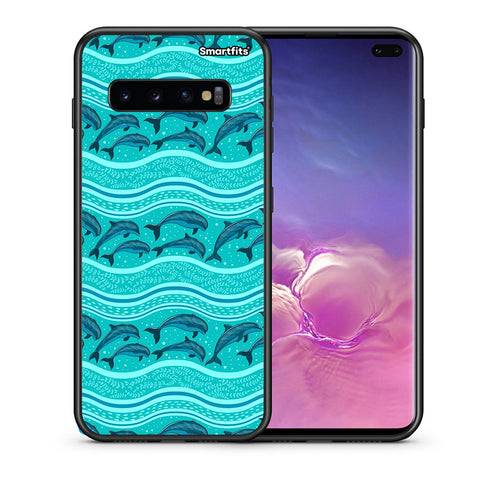 Θήκη Samsung S10+ Swimming Dolphins από τη Smartfits με σχέδιο στο πίσω μέρος και μαύρο περίβλημα | Samsung S10+ Swimming Dolphins case with colorful back and black bezels