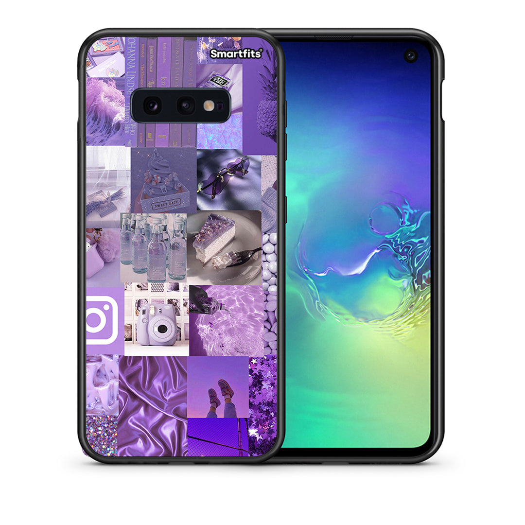 Θήκη Samsung S10e Purple Aesthetic Collage από τη Smartfits με σχέδιο στο πίσω μέρος και μαύρο περίβλημα | Samsung S10e Purple Aesthetic Collage case with colorful back and black bezels