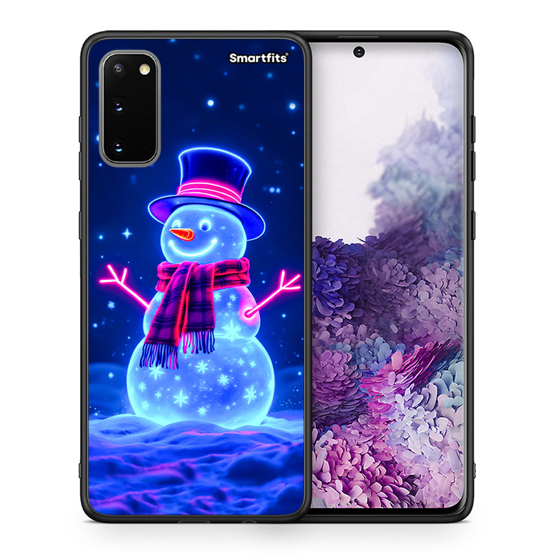 Θήκη Samsung S20 Christmas Neon Snowman από τη Smartfits με σχέδιο στο πίσω μέρος και μαύρο περίβλημα | Samsung S20 Christmas Neon Snowman case with colorful back and black bezels