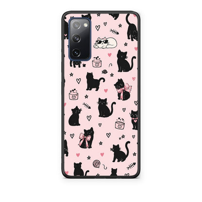 Θήκη Samsung Galaxy S20 FE Black Cat Doodles on Pink από τη Smartfits με σχέδιο στο πίσω μέρος και μαύρο περίβλημα | Samsung Galaxy S20 FE Black Cat Doodles on Pink case with colorful back and black bezels