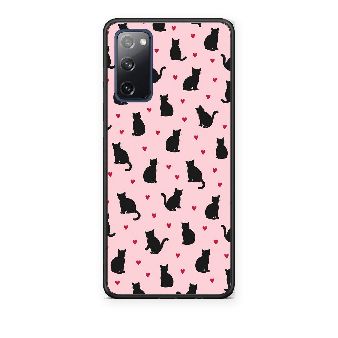 Θήκη Samsung Galaxy S20 FE Black Cat Silhouettes and Hearts on Pink από τη Smartfits με σχέδιο στο πίσω μέρος και μαύρο περίβλημα | Samsung Galaxy S20 FE Black Cat Silhouettes and Hearts on Pink case with colorful back and black bezels
