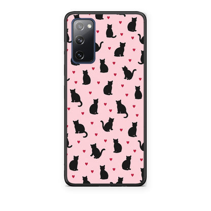 Θήκη Samsung Galaxy S20 FE Black Cat Silhouettes and Hearts on Pink από τη Smartfits με σχέδιο στο πίσω μέρος και μαύρο περίβλημα | Samsung Galaxy S20 FE Black Cat Silhouettes and Hearts on Pink case with colorful back and black bezels
