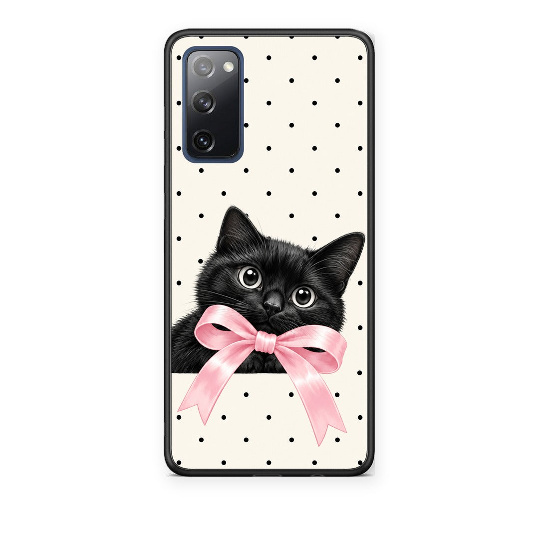 Θήκη Samsung Galaxy S20 FE Black Kitten Pink Bow and Polka Dots από τη Smartfits με σχέδιο στο πίσω μέρος και μαύρο περίβλημα | Samsung Galaxy S20 FE Black Kitten Pink Bow and Polka Dots case with colorful back and black bezels