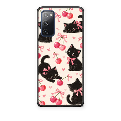 Θήκη Samsung Galaxy S20 FE Black Kittens and Cherries on Cream από τη Smartfits με σχέδιο στο πίσω μέρος και μαύρο περίβλημα | Samsung Galaxy S20 FE Black Kittens and Cherries on Cream case with colorful back and black bezels