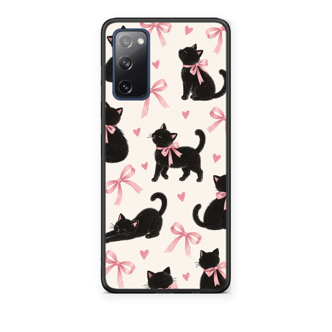 Θήκη Samsung Galaxy S20 FE Black Kittens and Pink Bows on Cream Large από τη Smartfits με σχέδιο στο πίσω μέρος και μαύρο περίβλημα | Samsung Galaxy S20 FE Black Kittens and Pink Bows on Cream Large case with colorful back and black bezels