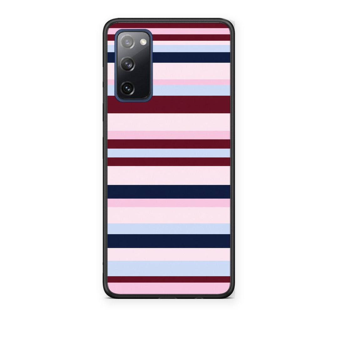 Θήκη Samsung Galaxy S20 FE Burgundy Pink and Blue Horizontal Stripes από τη Smartfits με σχέδιο στο πίσω μέρος και μαύρο περίβλημα | Samsung Galaxy S20 FE Burgundy Pink and Blue Horizontal Stripes case with colorful back and black bezels