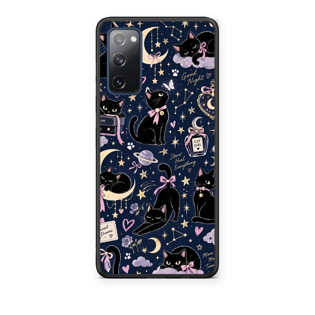 Θήκη Samsung Galaxy S20 FE Celestial Black Cats on Navy από τη Smartfits με σχέδιο στο πίσω μέρος και μαύρο περίβλημα | Samsung Galaxy S20 FE Celestial Black Cats on Navy case with colorful back and black bezels