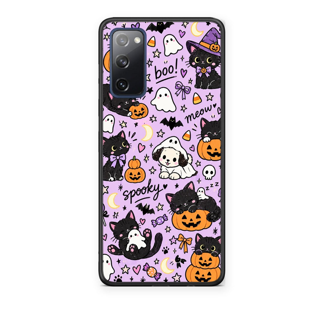 Θήκη Samsung Galaxy S20 FE Halloween Black Cats on Lilac από τη Smartfits με σχέδιο στο πίσω μέρος και μαύρο περίβλημα | Samsung Galaxy S20 FE Halloween Black Cats on Lilac case with colorful back and black bezels
