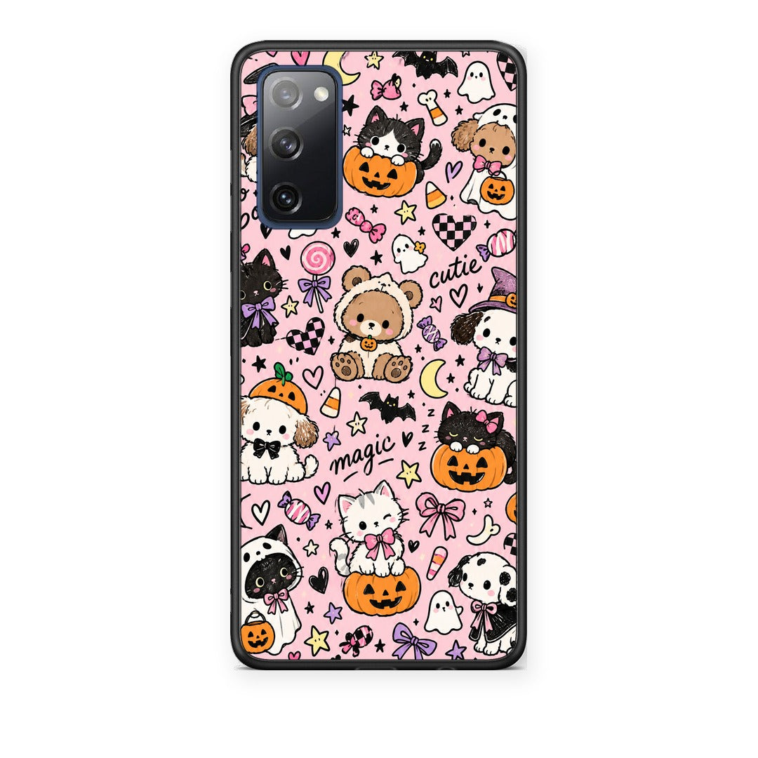 Θήκη Samsung Galaxy S20 FE Halloween Cute Animals on Pink από τη Smartfits με σχέδιο στο πίσω μέρος και μαύρο περίβλημα | Samsung Galaxy S20 FE Halloween Cute Animals on Pink case with colorful back and black bezels
