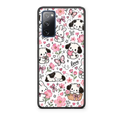 Θήκη Samsung Galaxy S20 FE Pink Florals Puppies and Bunnies on White από τη Smartfits με σχέδιο στο πίσω μέρος και μαύρο περίβλημα | Samsung Galaxy S20 FE Pink Florals Puppies and Bunnies on White case with colorful back and black bezels