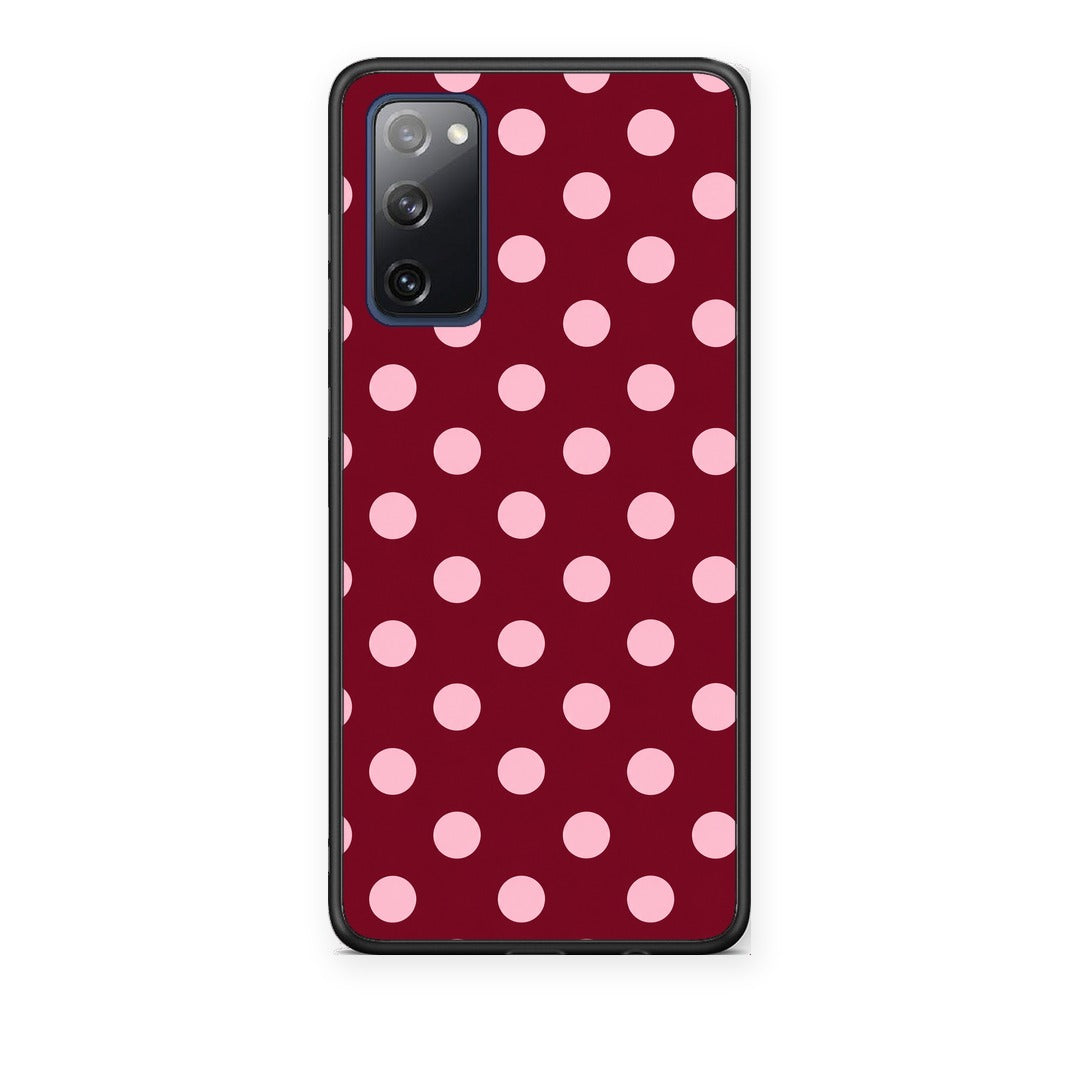 Θήκη Samsung Galaxy S20 FE Pink Polka Dots on Burgundy από τη Smartfits με σχέδιο στο πίσω μέρος και μαύρο περίβλημα | Samsung Galaxy S20 FE Pink Polka Dots on Burgundy case with colorful back and black bezels