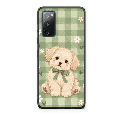 Θήκη Samsung Galaxy S20 FE Puppy and Daisies on Sage Gingham από τη Smartfits με σχέδιο στο πίσω μέρος και μαύρο περίβλημα | Samsung Galaxy S20 FE Puppy and Daisies on Sage Gingham case with colorful back and black bezels