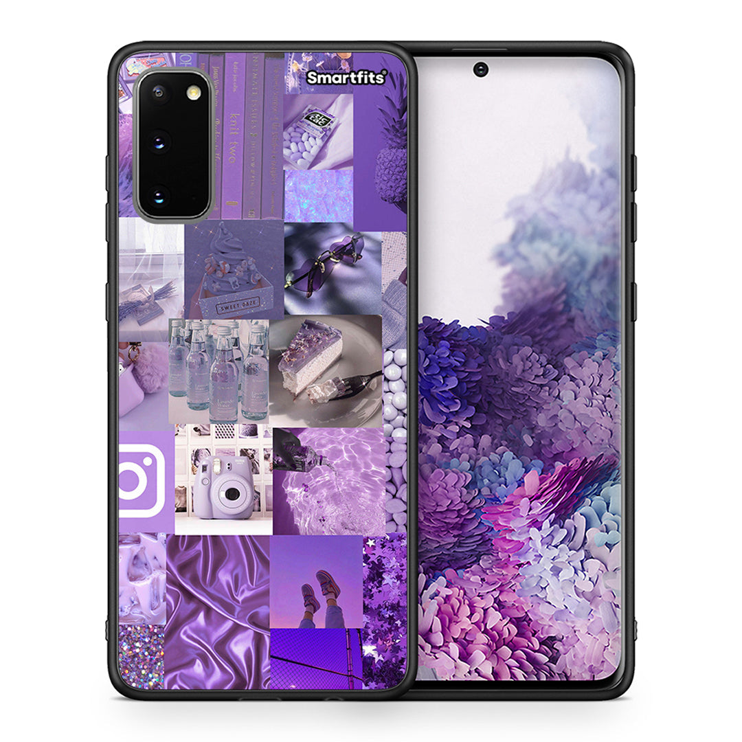 Θήκη Samsung S20 Purple Aesthetic Collage από τη Smartfits με σχέδιο στο πίσω μέρος και μαύρο περίβλημα | Samsung S20 Purple Aesthetic Collage case with colorful back and black bezels