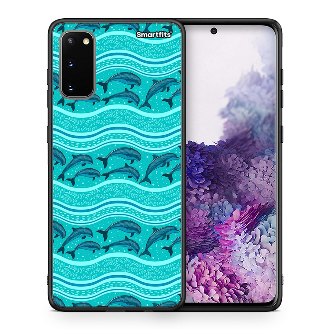 Θήκη Samsung S20 Swimming Dolphins από τη Smartfits με σχέδιο στο πίσω μέρος και μαύρο περίβλημα | Samsung S20 Swimming Dolphins case with colorful back and black bezels