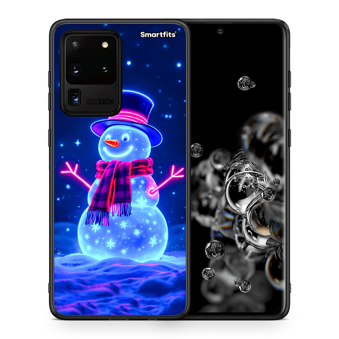 Θήκη Samsung S20 Ultra Christmas Neon Snowman από τη Smartfits με σχέδιο στο πίσω μέρος και μαύρο περίβλημα | Samsung S20 Ultra Christmas Neon Snowman case with colorful back and black bezels