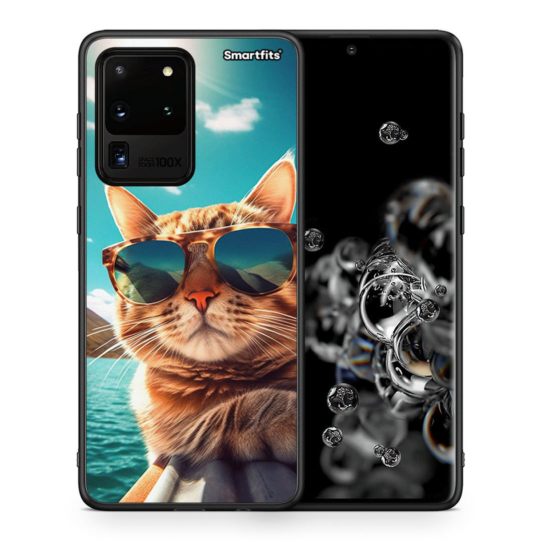 Θήκη Samsung S20 Ultra Summer Cat από τη Smartfits με σχέδιο στο πίσω μέρος και μαύρο περίβλημα | Samsung S20 Ultra Summer Cat case with colorful back and black bezels