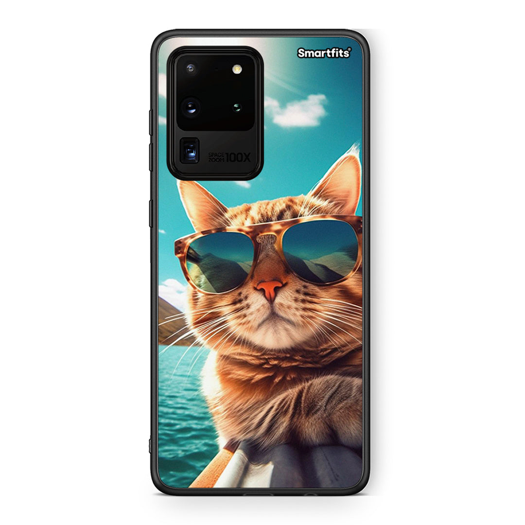 Samsung S20 Ultra Summer Cat θήκη από τη Smartfits με σχέδιο στο πίσω μέρος και μαύρο περίβλημα | Smartphone case with colorful back and black bezels by Smartfits