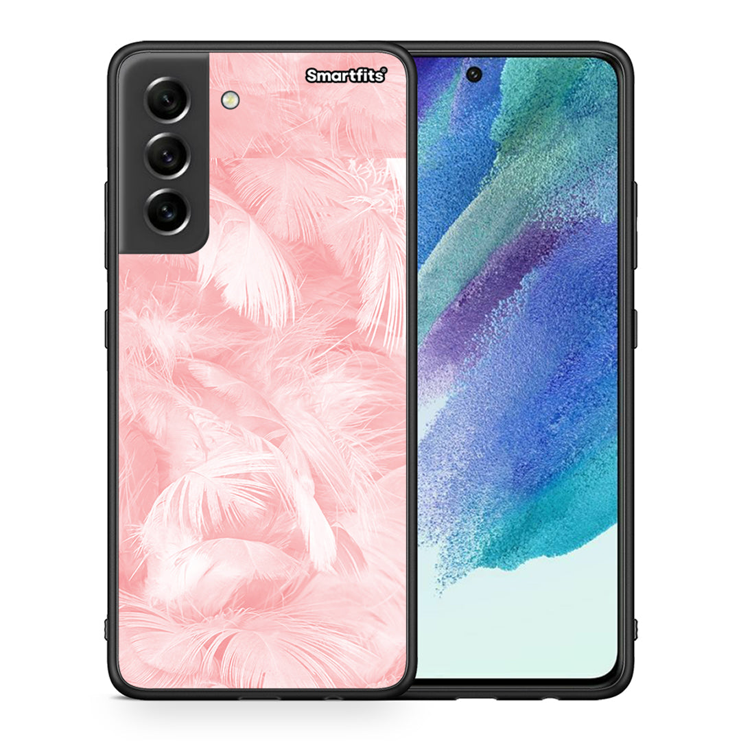 Θήκη Samsung S21 FE Pink Feather Boho από τη Smartfits με σχέδιο στο πίσω μέρος και μαύρο περίβλημα | Samsung S21 FE Pink Feather Boho case with colorful back and black bezels
