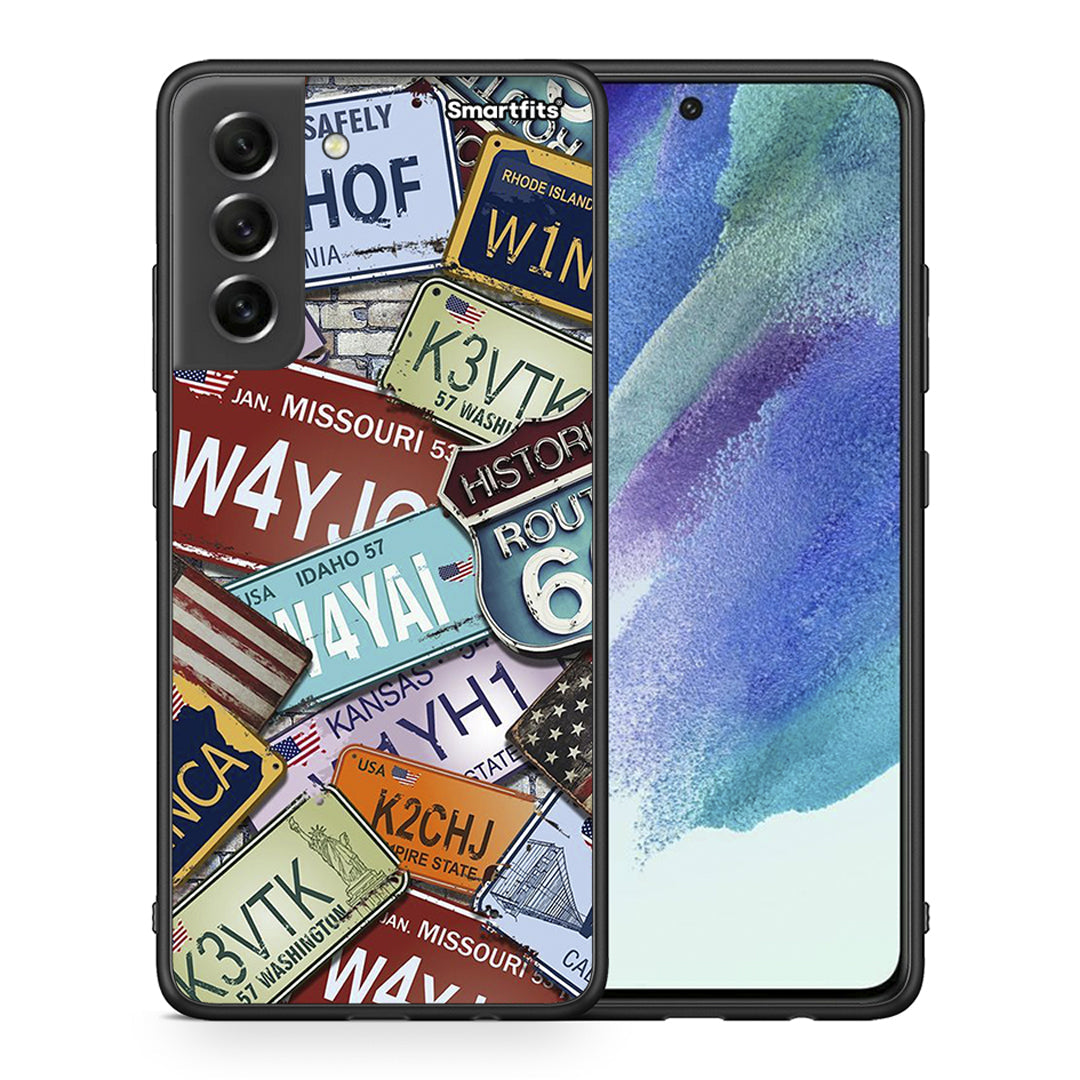 Θήκη Samsung S21 FE Car Plates από τη Smartfits με σχέδιο στο πίσω μέρος και μαύρο περίβλημα | Samsung S21 FE Car Plates case with colorful back and black bezels