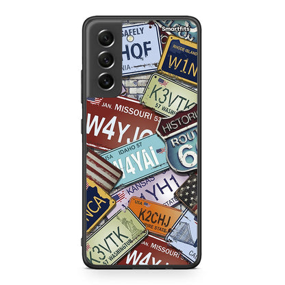 Samsung S21 FE Car Plates θήκη από τη Smartfits με σχέδιο στο πίσω μέρος και μαύρο περίβλημα | Smartphone case with colorful back and black bezels by Smartfits