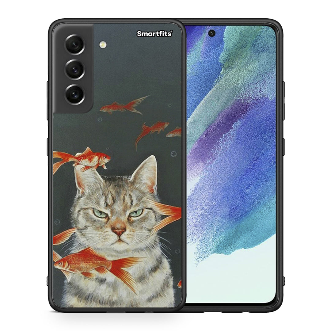 Θήκη Samsung S21 FE Cat Goldfish από τη Smartfits με σχέδιο στο πίσω μέρος και μαύρο περίβλημα | Samsung S21 FE Cat Goldfish case with colorful back and black bezels