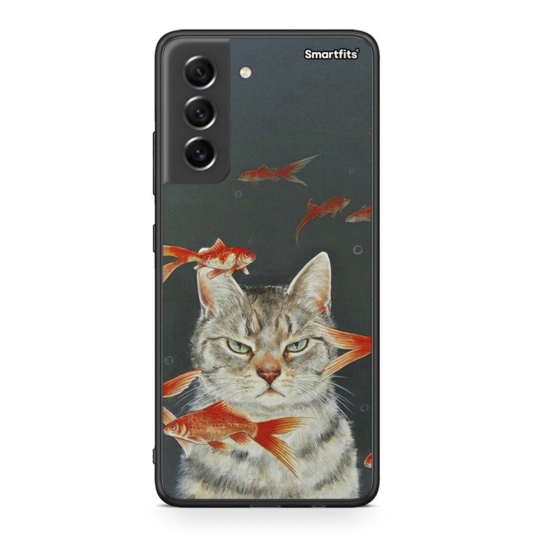 Samsung S21 FE Cat Goldfish θήκη από τη Smartfits με σχέδιο στο πίσω μέρος και μαύρο περίβλημα | Smartphone case with colorful back and black bezels by Smartfits