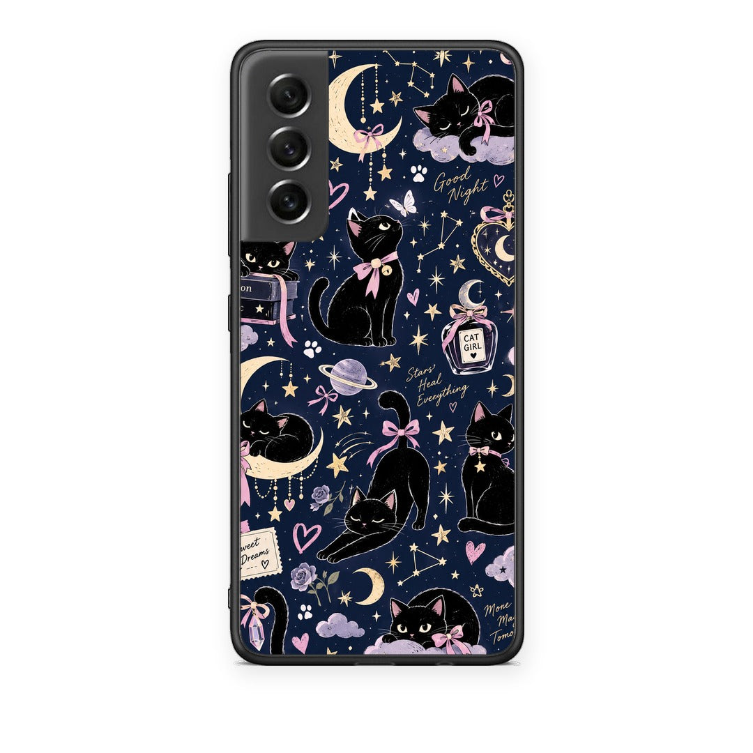 Θήκη Samsung Galaxy S21 FE Celestial Black Cats on Navy από τη Smartfits με σχέδιο στο πίσω μέρος και μαύρο περίβλημα | Samsung Galaxy S21 FE Celestial Black Cats on Navy case with colorful back and black bezels