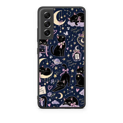 Θήκη Samsung Galaxy S21 FE Celestial Black Cats on Navy από τη Smartfits με σχέδιο στο πίσω μέρος και μαύρο περίβλημα | Samsung Galaxy S21 FE Celestial Black Cats on Navy case with colorful back and black bezels