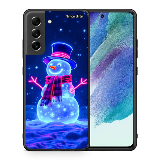 Θήκη Samsung S21 FE Christmas Neon Snowman από τη Smartfits με σχέδιο στο πίσω μέρος και μαύρο περίβλημα | Samsung S21 FE Christmas Neon Snowman case with colorful back and black bezels