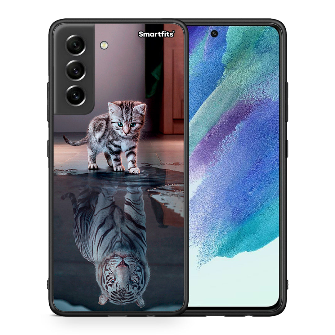 Θήκη Samsung S21 FE Tiger Cute από τη Smartfits με σχέδιο στο πίσω μέρος και μαύρο περίβλημα | Samsung S21 FE Tiger Cute case with colorful back and black bezels
