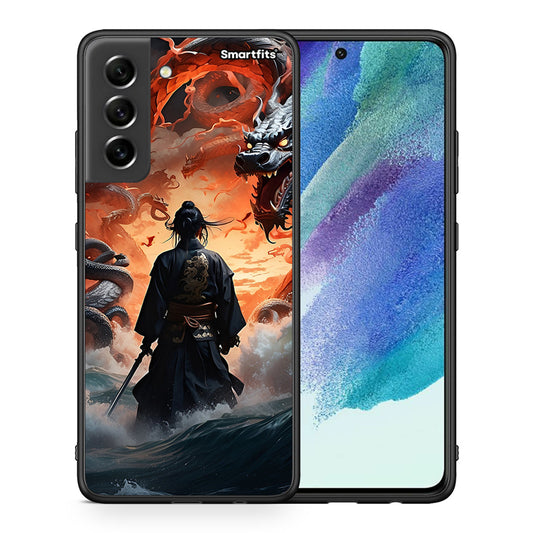 Θήκη Samsung S21 FE Dragons Fight από τη Smartfits με σχέδιο στο πίσω μέρος και μαύρο περίβλημα | Samsung S21 FE Dragons Fight case with colorful back and black bezels