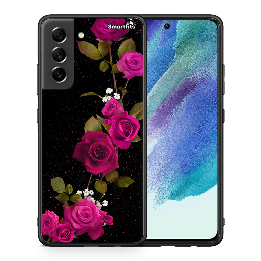 Θήκη Samsung S21 FE Red Roses Flower από τη Smartfits με σχέδιο στο πίσω μέρος και μαύρο περίβλημα | Samsung S21 FE Red Roses Flower case with colorful back and black bezels