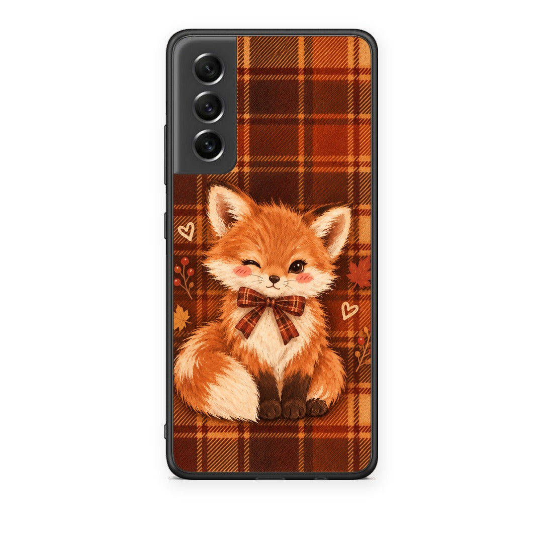 Θήκη Samsung Galaxy S21 FE Fox on Autumn Tartan από τη Smartfits με σχέδιο στο πίσω μέρος και μαύρο περίβλημα | Samsung Galaxy S21 FE Fox on Autumn Tartan case with colorful back and black bezels