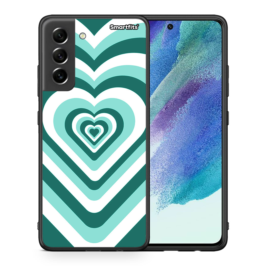Θήκη Samsung S21 FE Green Hearts από τη Smartfits με σχέδιο στο πίσω μέρος και μαύρο περίβλημα | Samsung S21 FE Green Hearts case with colorful back and black bezels
