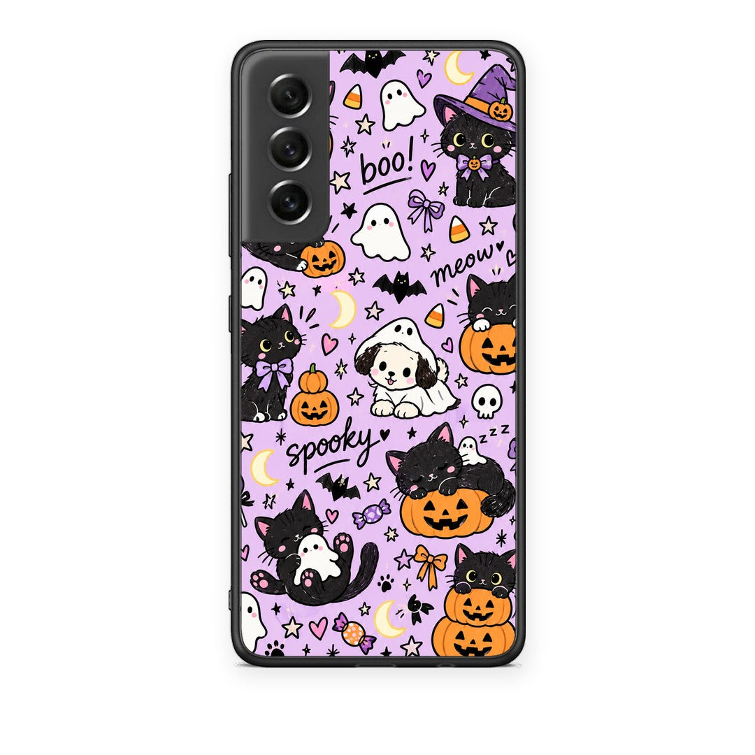 Θήκη Samsung Galaxy S21 FE Halloween Black Cats on Lilac από τη Smartfits με σχέδιο στο πίσω μέρος και μαύρο περίβλημα | Samsung Galaxy S21 FE Halloween Black Cats on Lilac case with colorful back and black bezels