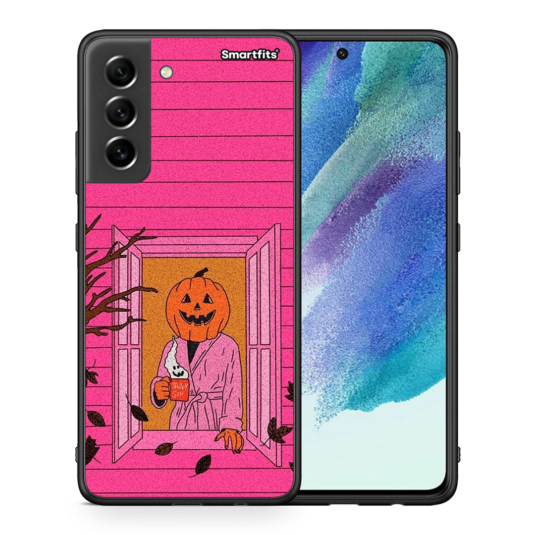 Θήκη Samsung S21 FE Halloween Pumpkin Lady από τη Smartfits με σχέδιο στο πίσω μέρος και μαύρο περίβλημα | Samsung S21 FE Halloween Pumpkin Lady case with colorful back and black bezels