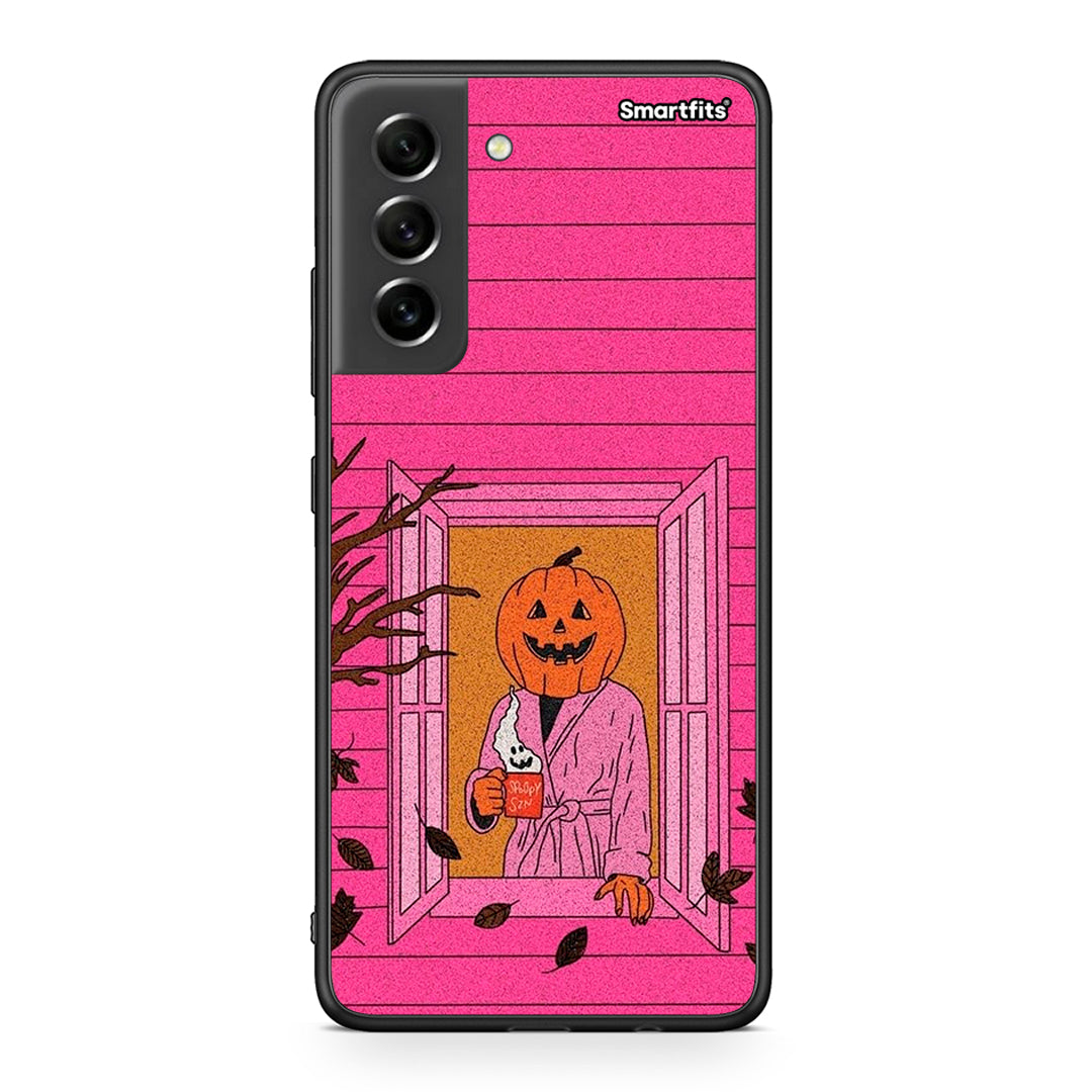 Samsung S21 FE Halloween Pumpkin Lady Θήκη από τη Smartfits με σχέδιο στο πίσω μέρος και μαύρο περίβλημα | Smartphone case with colorful back and black bezels by Smartfits