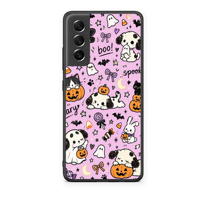 Θήκη Samsung Galaxy S21 FE Halloween Puppies and Friends on Lilac από τη Smartfits με σχέδιο στο πίσω μέρος και μαύρο περίβλημα | Samsung Galaxy S21 FE Halloween Puppies and Friends on Lilac case with colorful back and black bezels