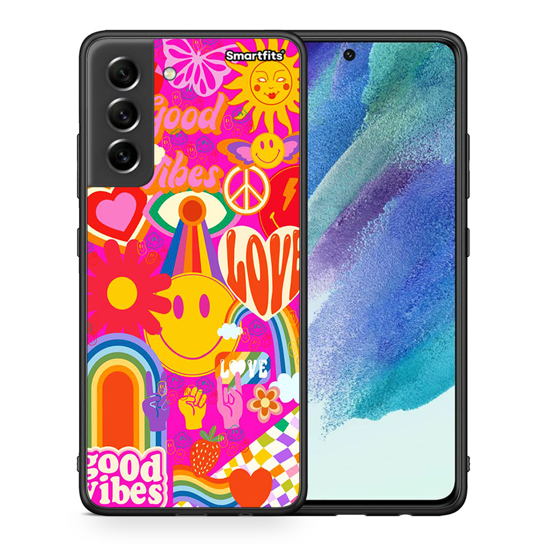 Θήκη Samsung S21 FE Hippie Love από τη Smartfits με σχέδιο στο πίσω μέρος και μαύρο περίβλημα | Samsung S21 FE Hippie Love case with colorful back and black bezels