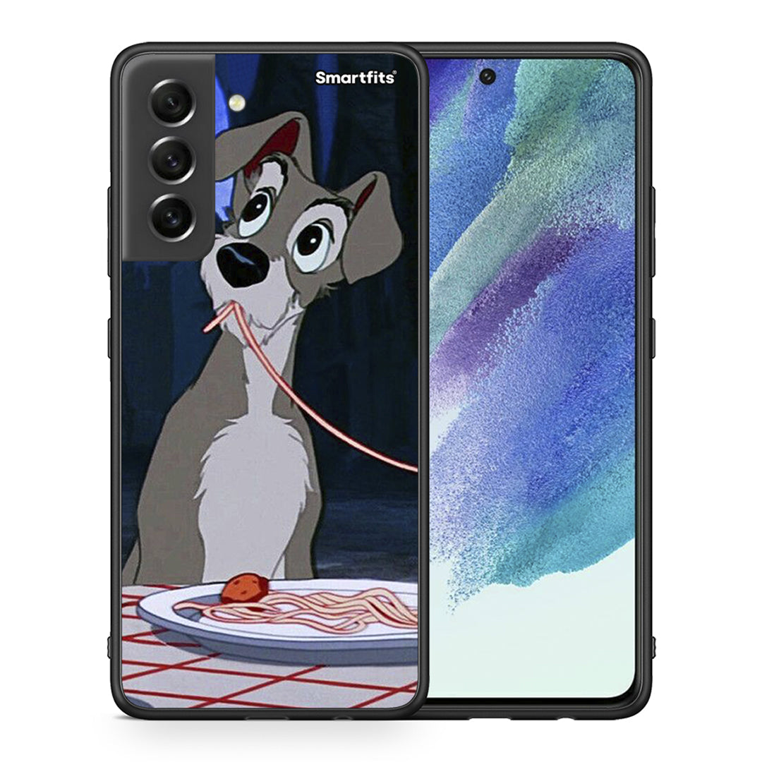 Θήκη Αγίου Βαλεντίνου Samsung S21 FE Lady And Tramp 1 από τη Smartfits με σχέδιο στο πίσω μέρος και μαύρο περίβλημα | Samsung S21 FE Lady And Tramp 1 case with colorful back and black bezels