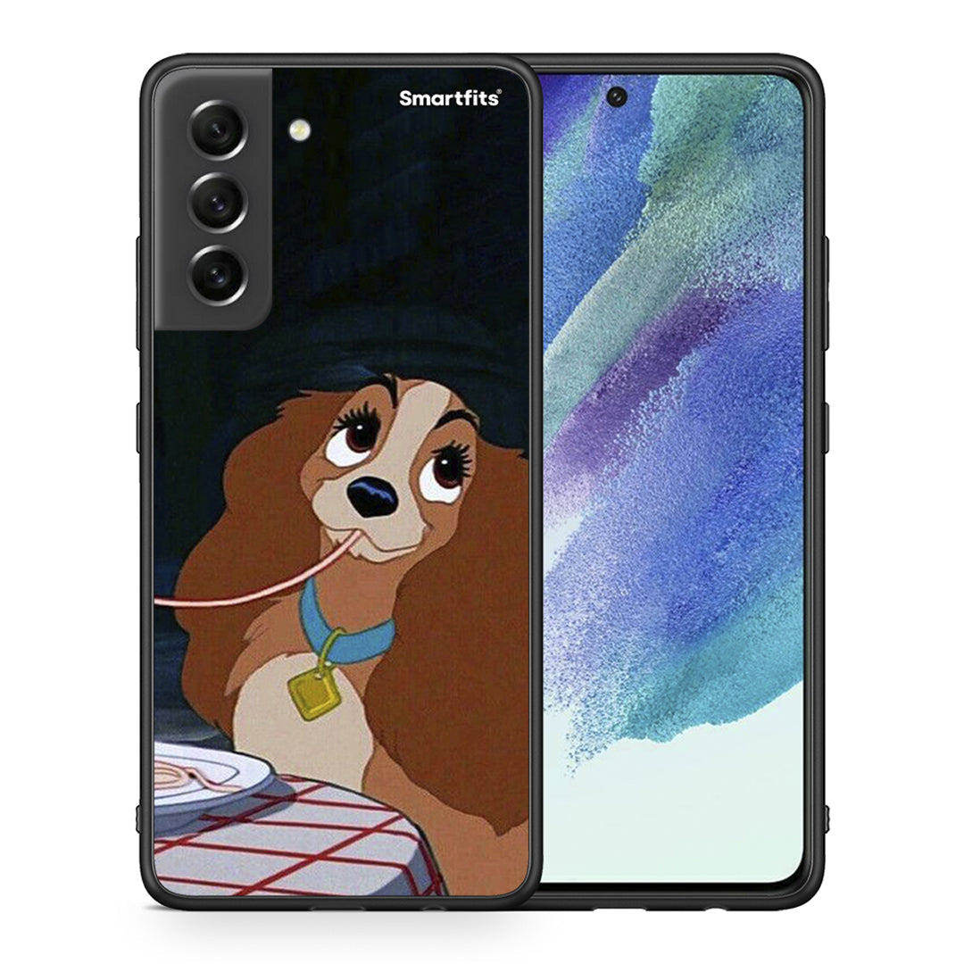 Θήκη Αγίου Βαλεντίνου Samsung S21 FE Lady And Tramp 2 από τη Smartfits με σχέδιο στο πίσω μέρος και μαύρο περίβλημα | Samsung S21 FE Lady And Tramp 2 case with colorful back and black bezels
