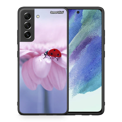 Θήκη Samsung S21 FE Ladybug Flower από τη Smartfits με σχέδιο στο πίσω μέρος και μαύρο περίβλημα | Samsung S21 FE Ladybug Flower case with colorful back and black bezels