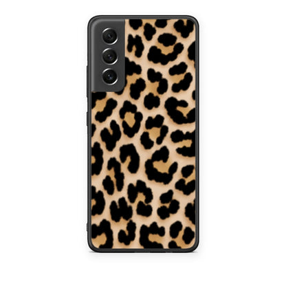 Θήκη Samsung Galaxy S21 FE Leopard Print Tan Small από τη Smartfits με σχέδιο στο πίσω μέρος και μαύρο περίβλημα | Samsung Galaxy S21 FE Leopard Print Tan Small case with colorful back and black bezels