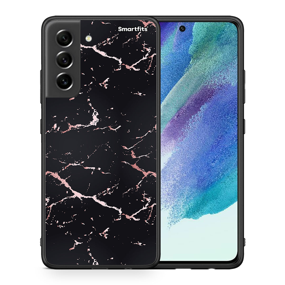 Θήκη Samsung S21 FE Black Rosegold Marble από τη Smartfits με σχέδιο στο πίσω μέρος και μαύρο περίβλημα | Samsung S21 FE Black Rosegold Marble case with colorful back and black bezels